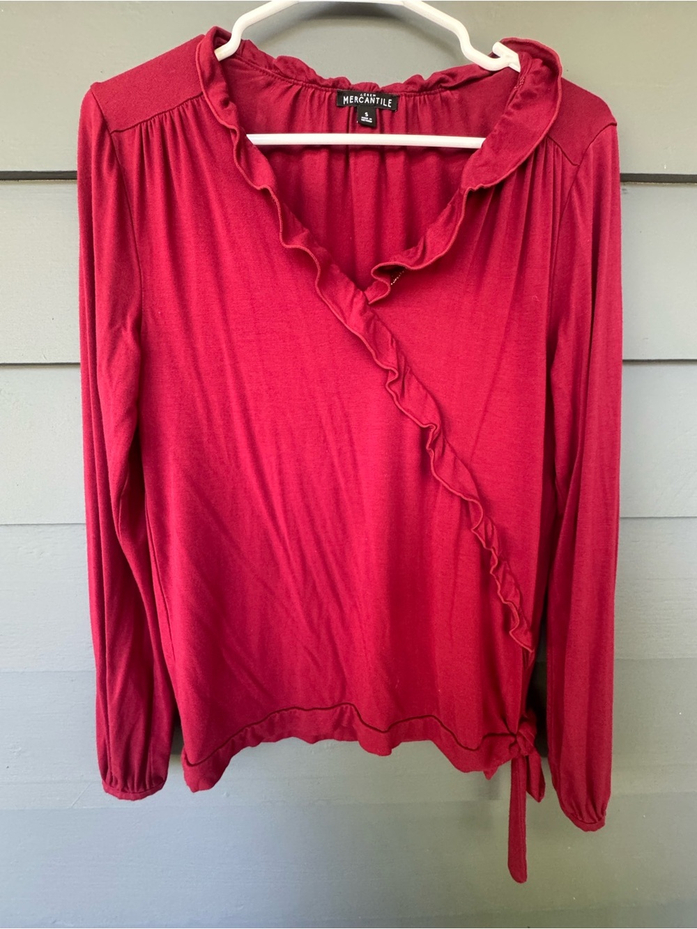 J. Crew Maroon Red Ruffle Wrap Top Small Capsule Blouse